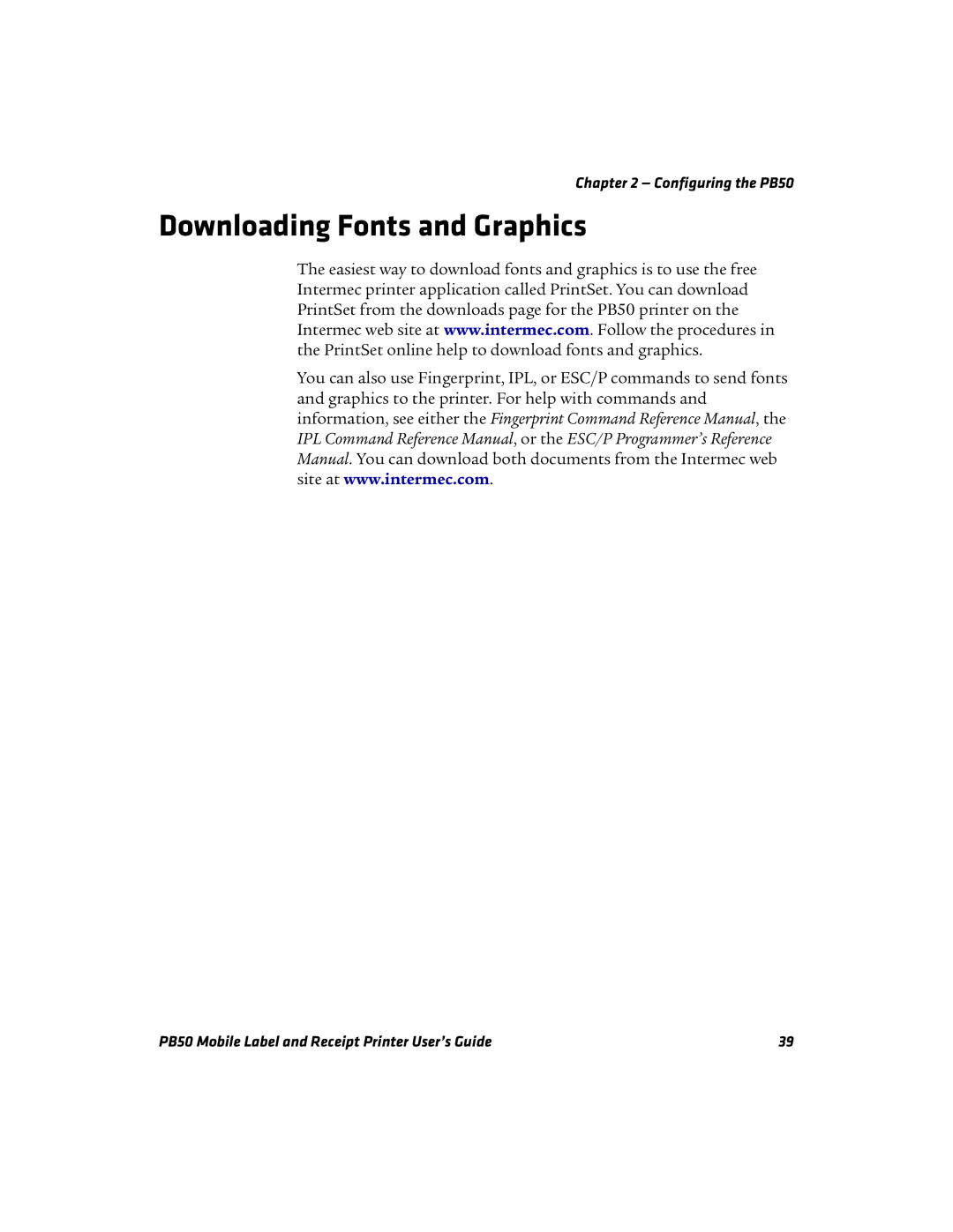 Intermec PB50 manual Downloading Fonts and Graphics 