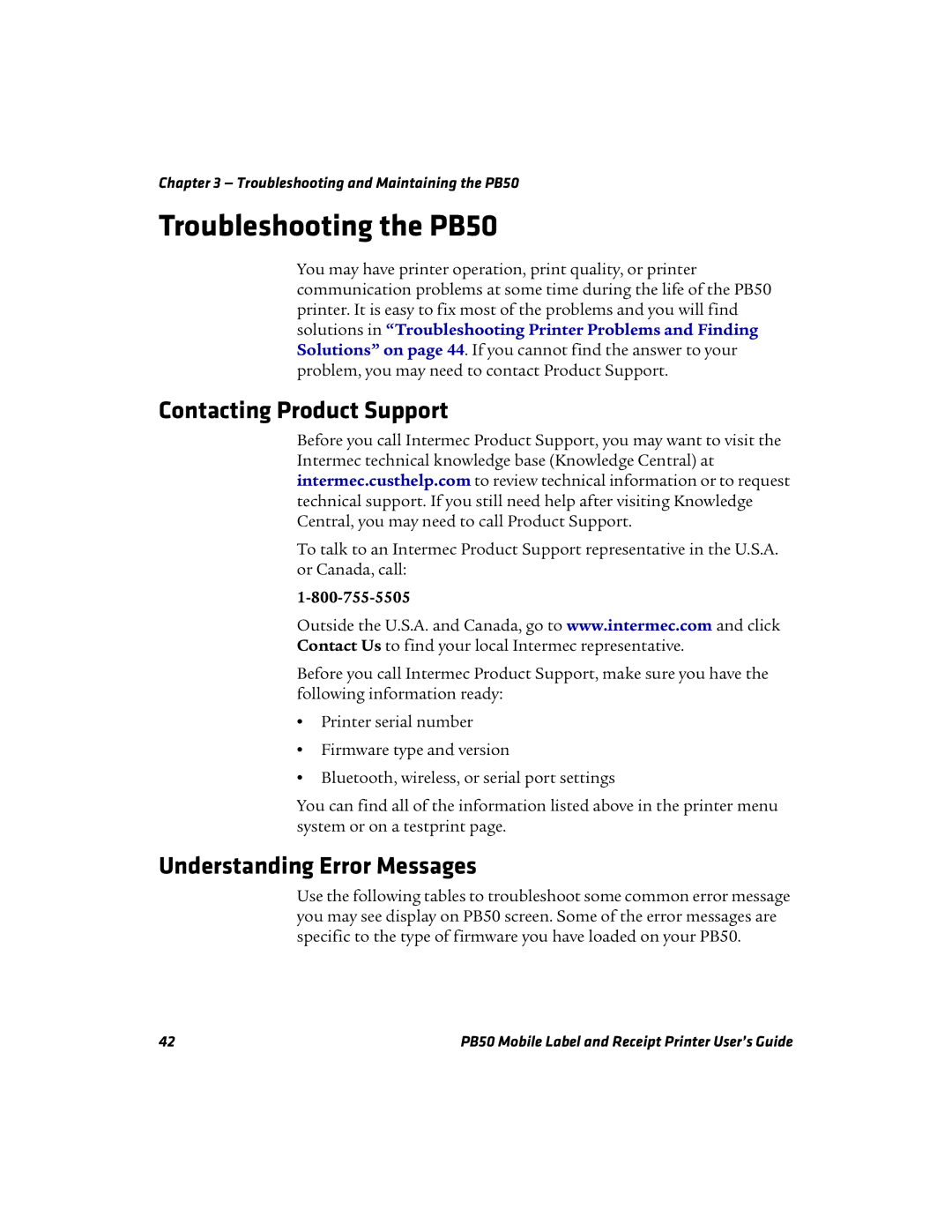 Intermec manual Troubleshooting the PB50, Contacting Product Support, Understanding Error Messages 