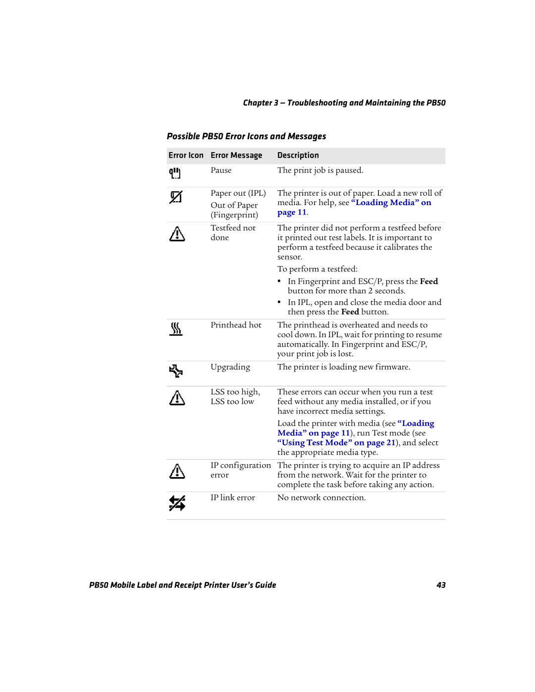 Intermec manual Possible PB50 Error Icons and Messages, Error Icon Error Message Description 