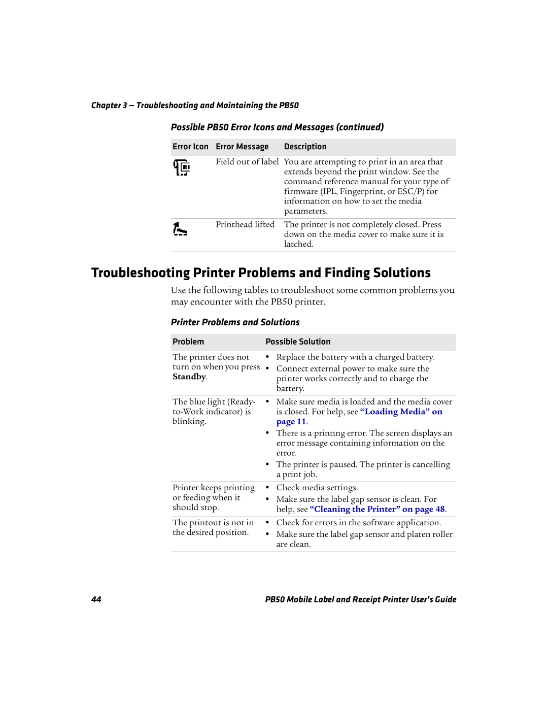 Intermec PB50 manual Troubleshooting Printer Problems and Finding Solutions, Printer Problems and Solutions 