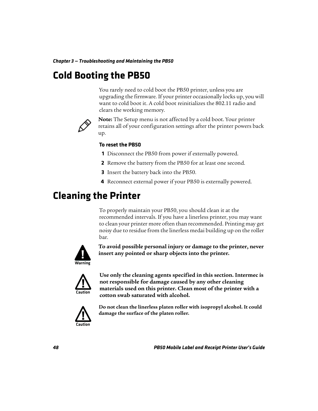 Intermec manual Cold Booting the PB50, Cleaning the Printer, To reset the PB50 