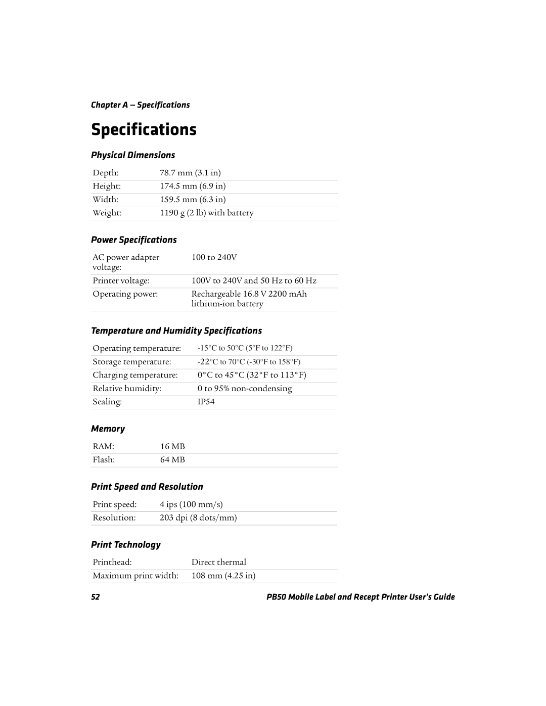 Intermec PB50 manual Specifications 