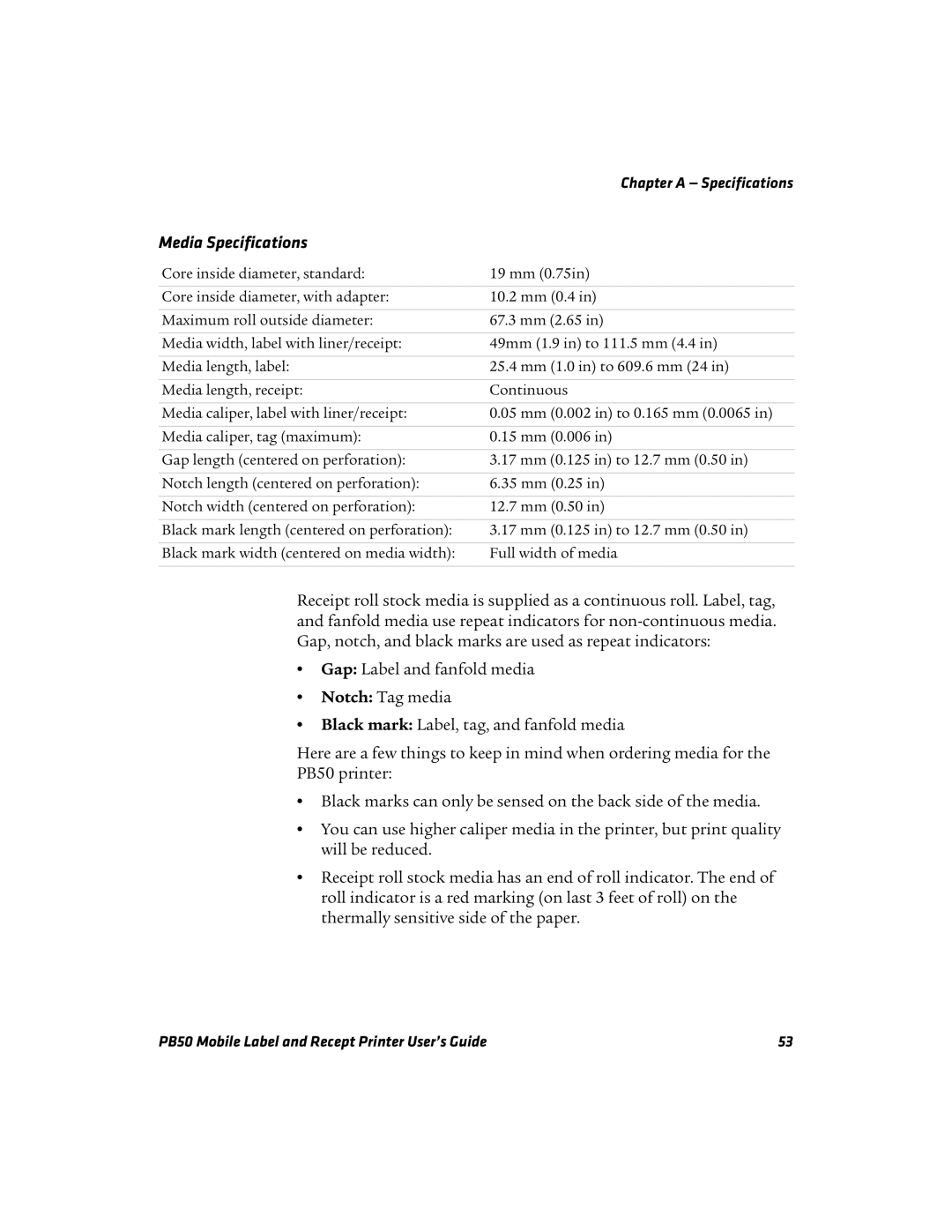 Intermec PB50 manual Media Specifications 