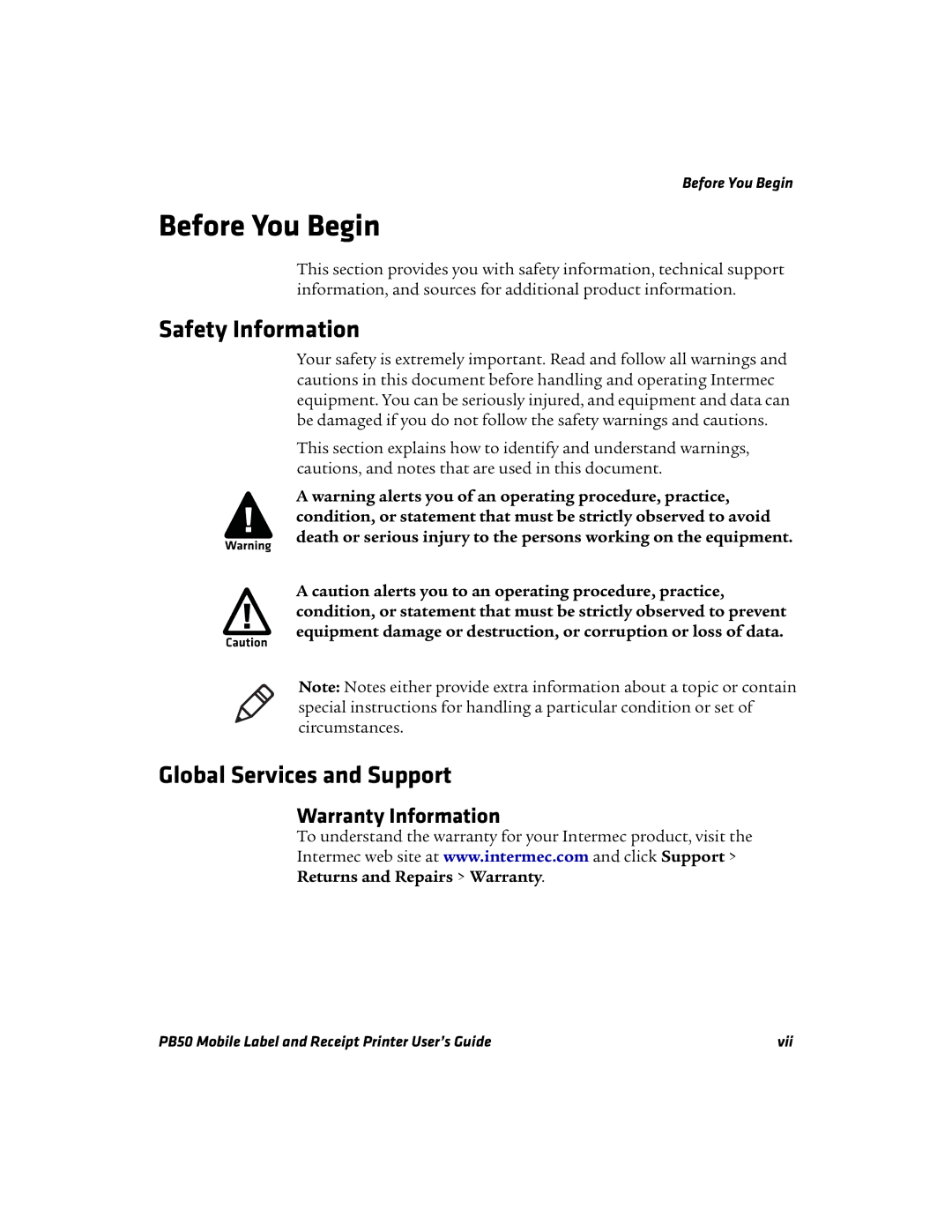 Intermec PB50 manual Before You Begin, Safety Information, Global Services and Support, Warranty Information 