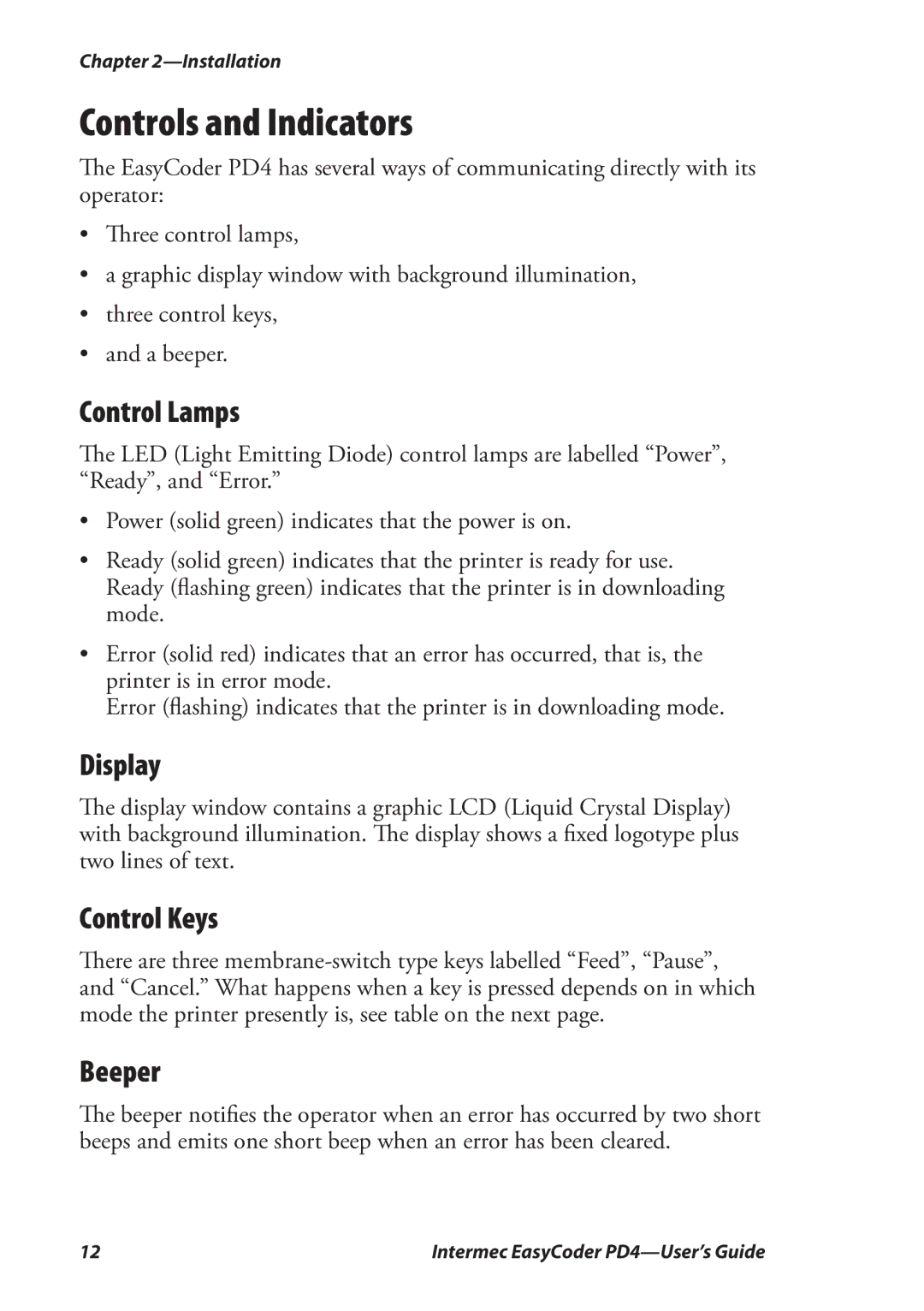 Intermec PD4 manual Controls and Indicators, Control Lamps, Display, Control Keys, Beeper 