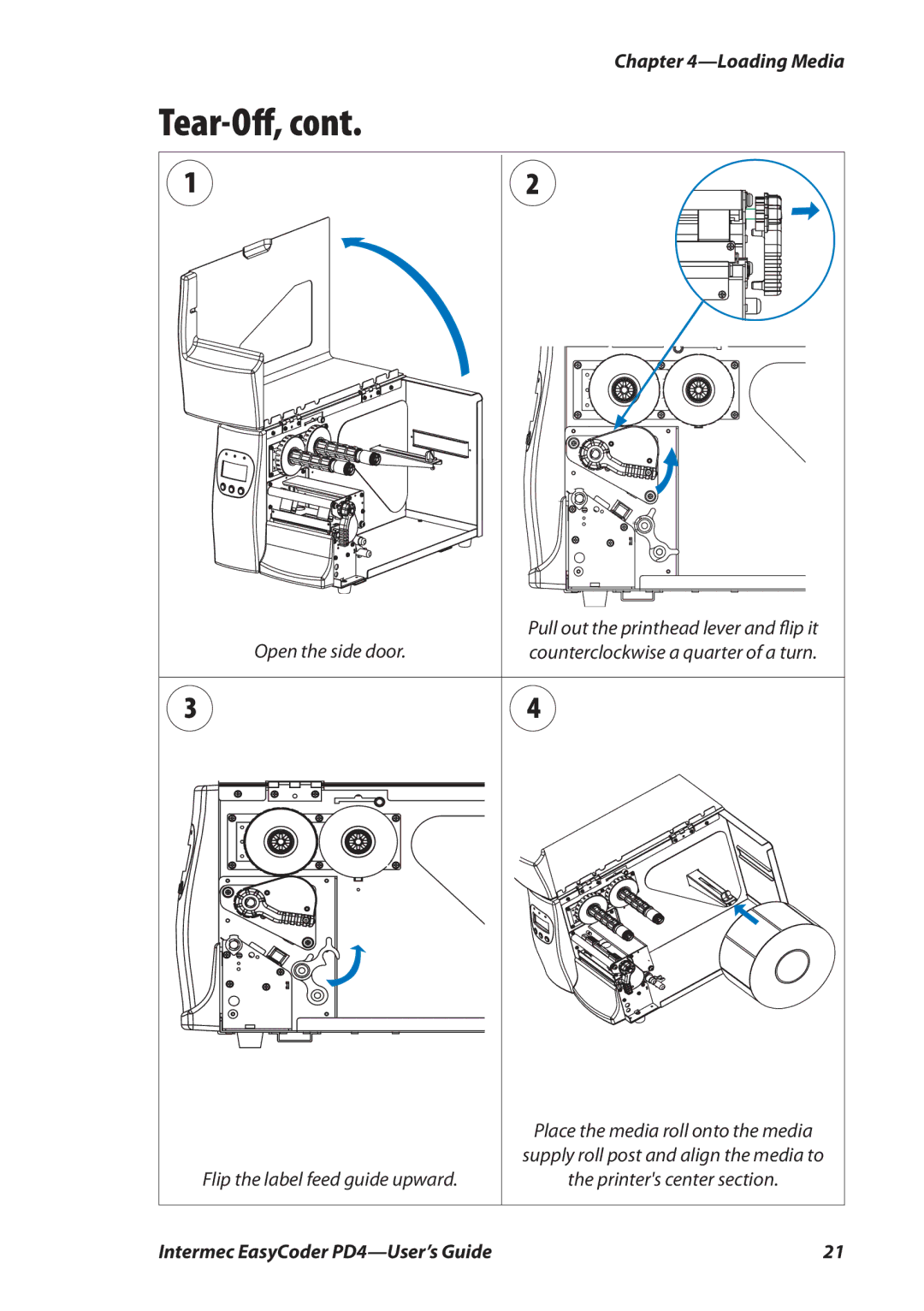 Intermec PD4 manual Tear-Oﬀ, Flip the label feed guide upward 