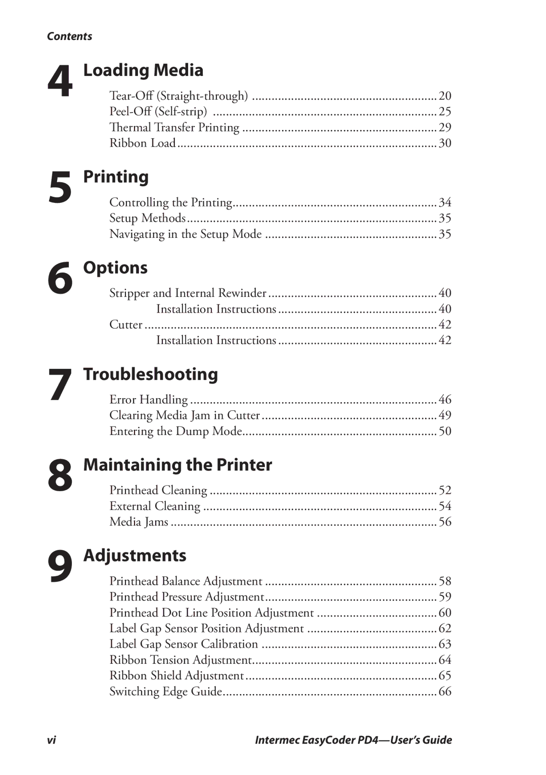 Intermec PD4 manual Loading Media, Troubleshooting, Maintaining the Printer, Adjustments 