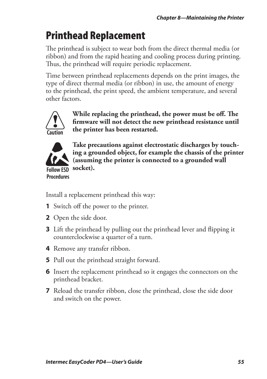 Intermec PD4 manual Printhead Replacement 