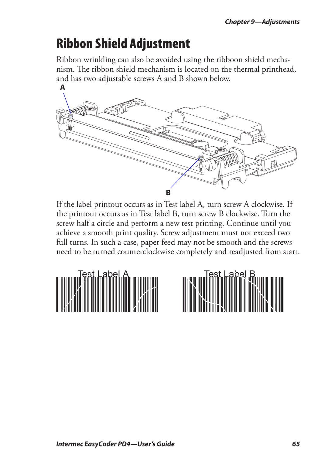 Intermec PD4 manual 1234567890, Ribbon Shield Adjustment 