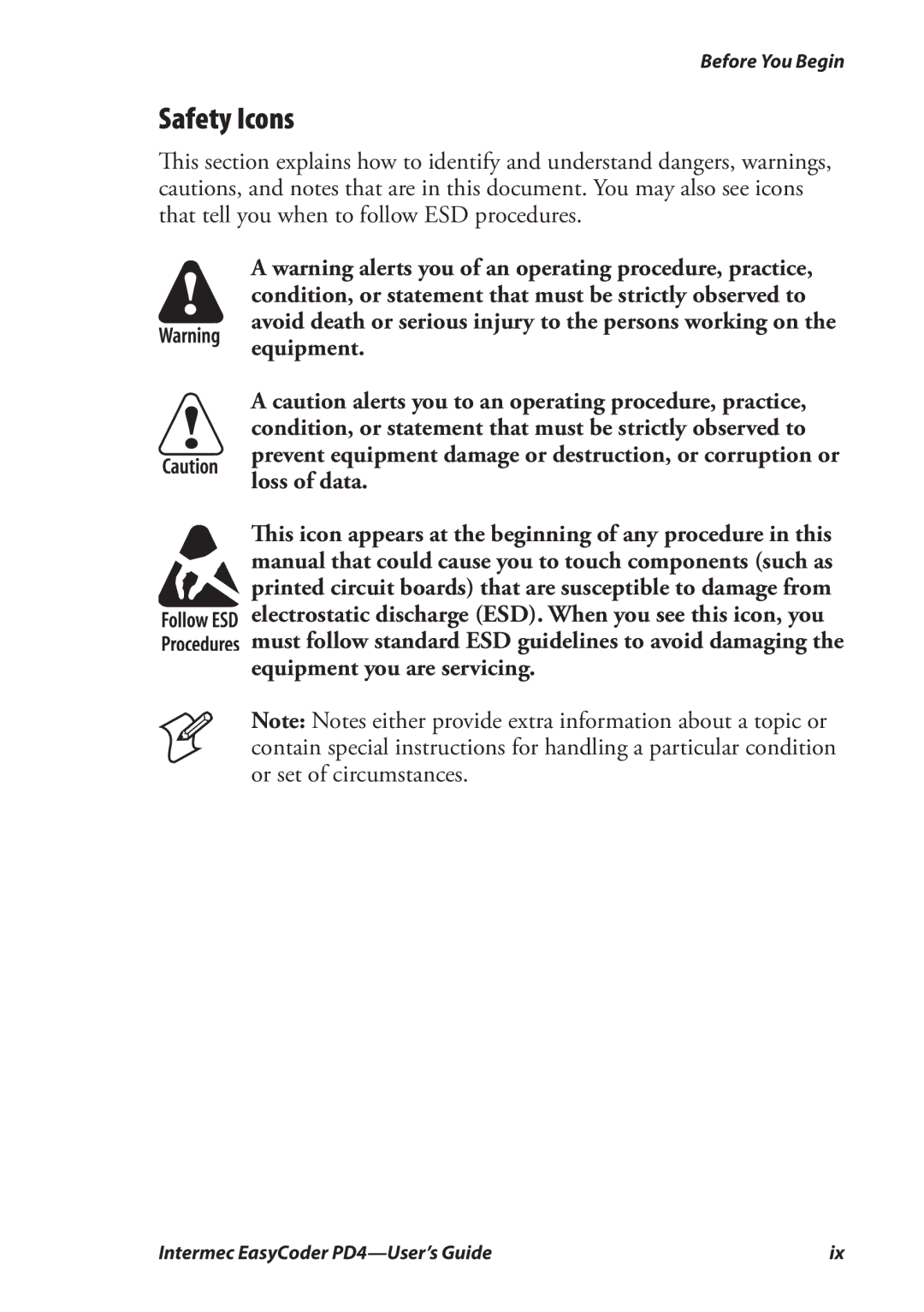 Intermec PD4 manual Safety Icons 