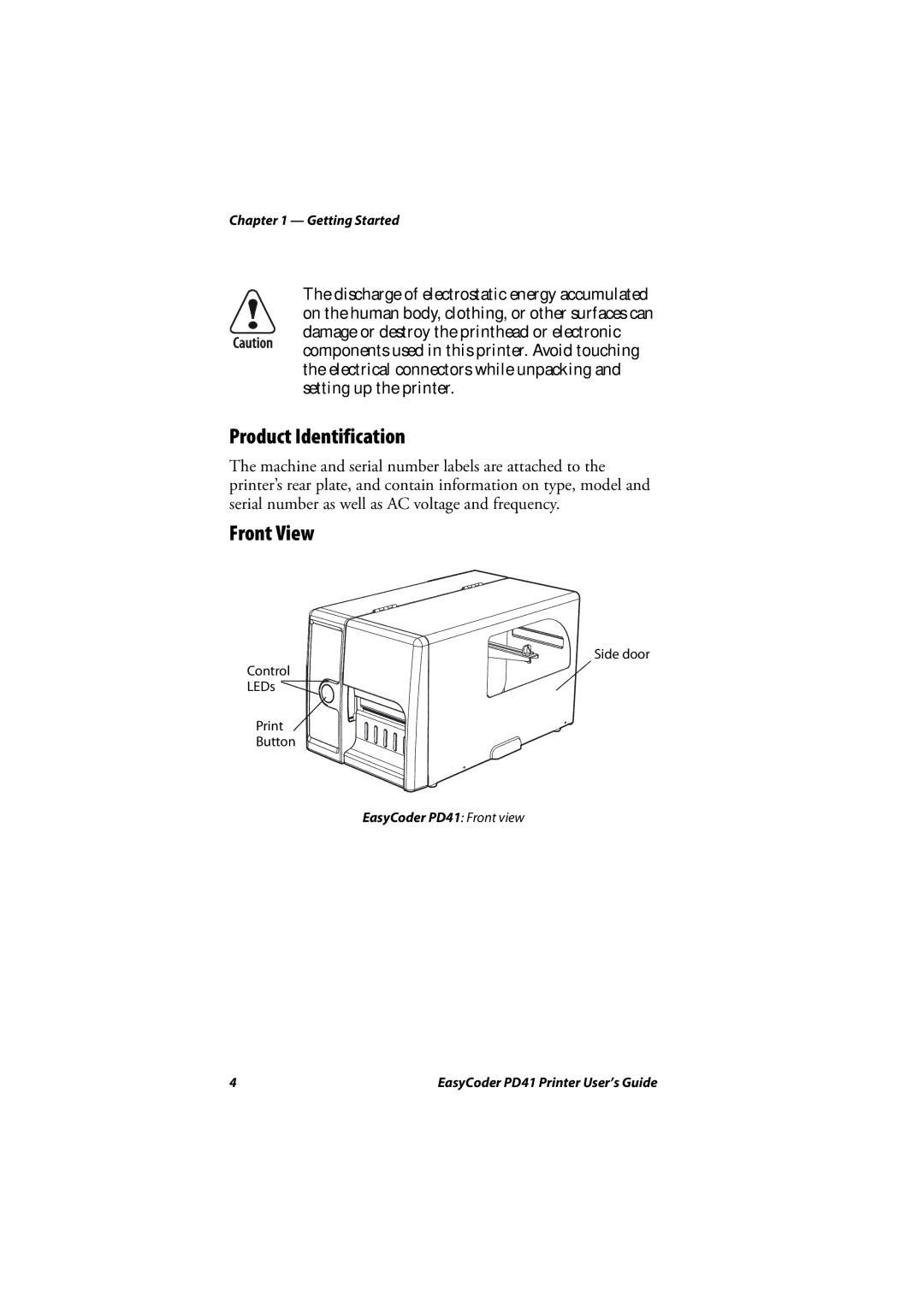 Intermec PD41 manual Product Identification, Front View 