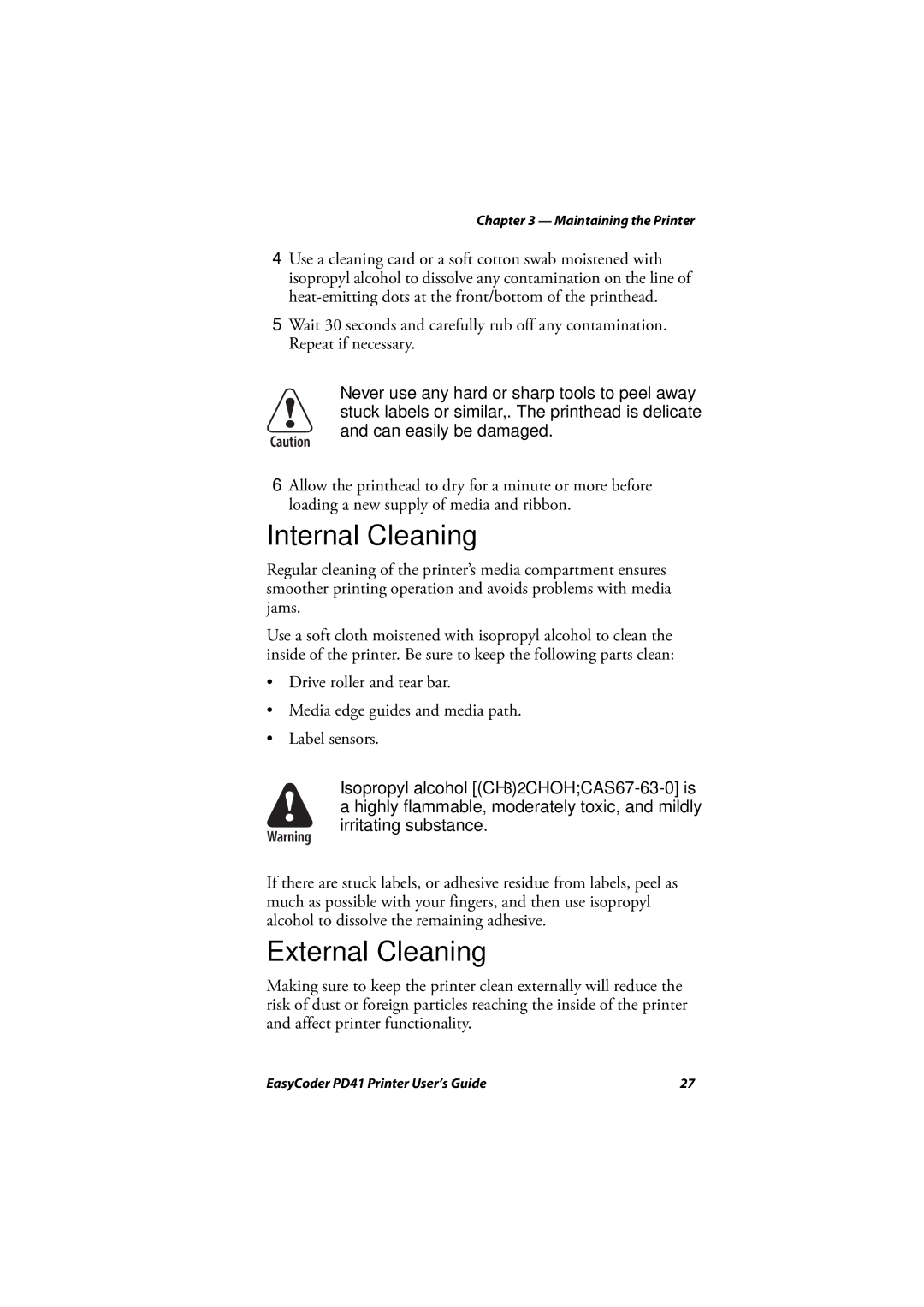 Intermec PD41 manual Internal Cleaning, External Cleaning 