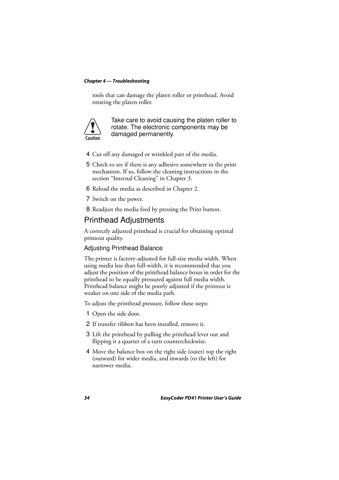 Intermec PD41 manual Printhead Adjustments, Adjusting Printhead Balance 