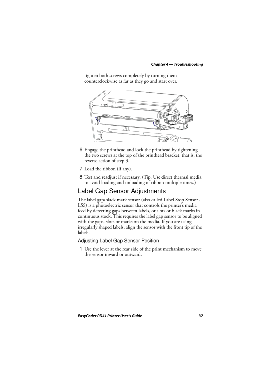 Intermec PD41 manual Label Gap Sensor Adjustments, Adjusting Label Gap Sensor Position 