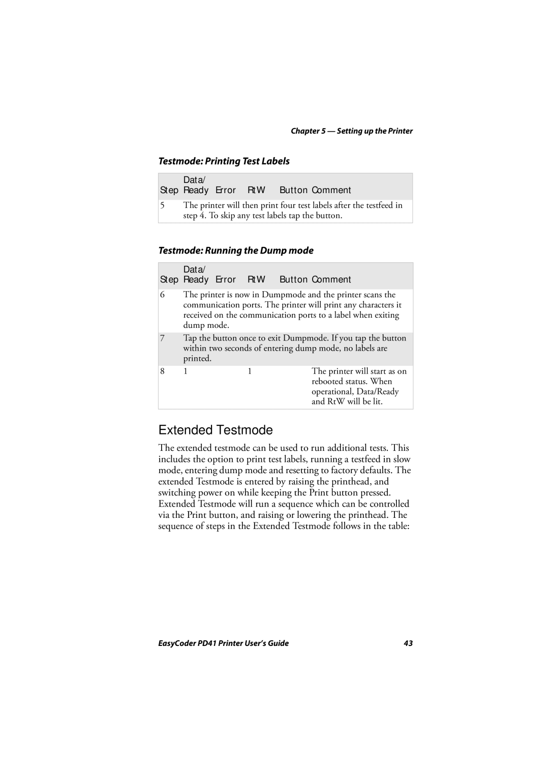 Intermec PD41 manual Extended Testmode, Testmode Printing Test Labels, Testmode Running the Dump mode 