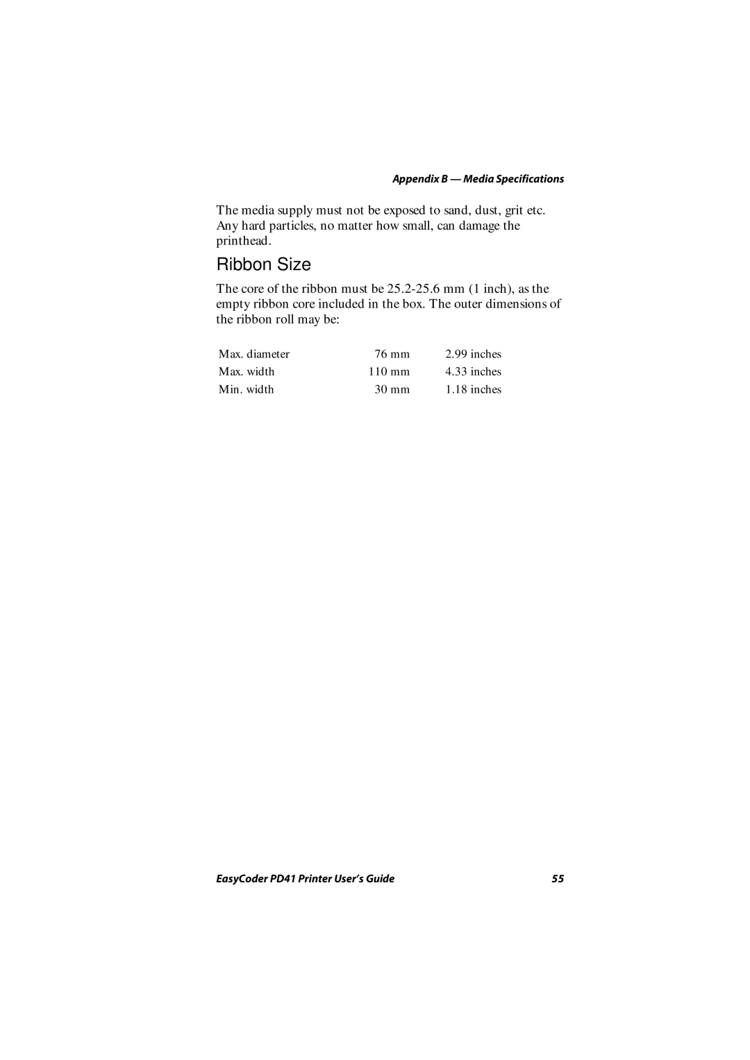 Intermec PD41 manual Ribbon Size 