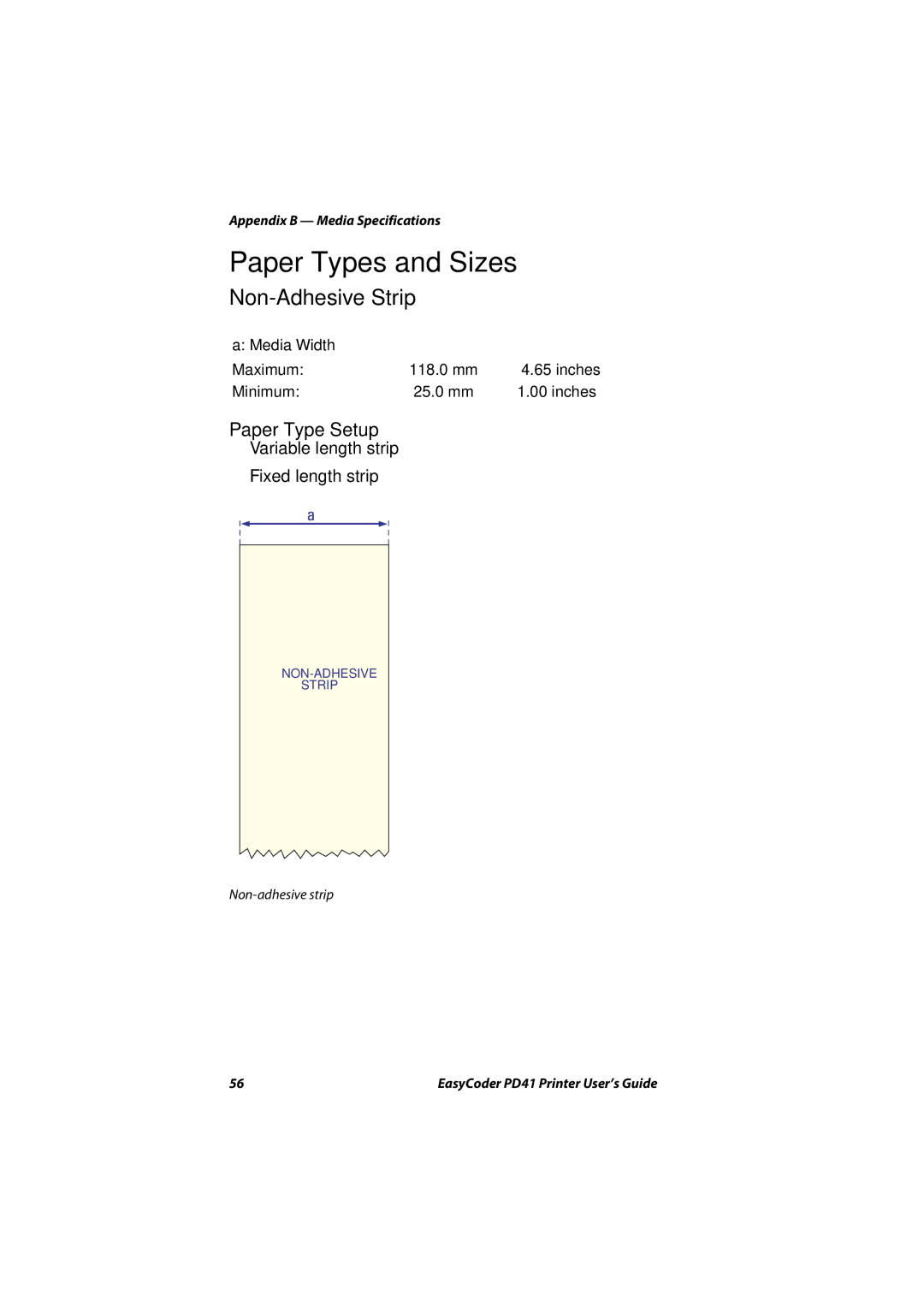 Intermec PD41 manual Paper Types and Sizes, Non-Adhesive Strip, Paper Type Setup, Media Width 