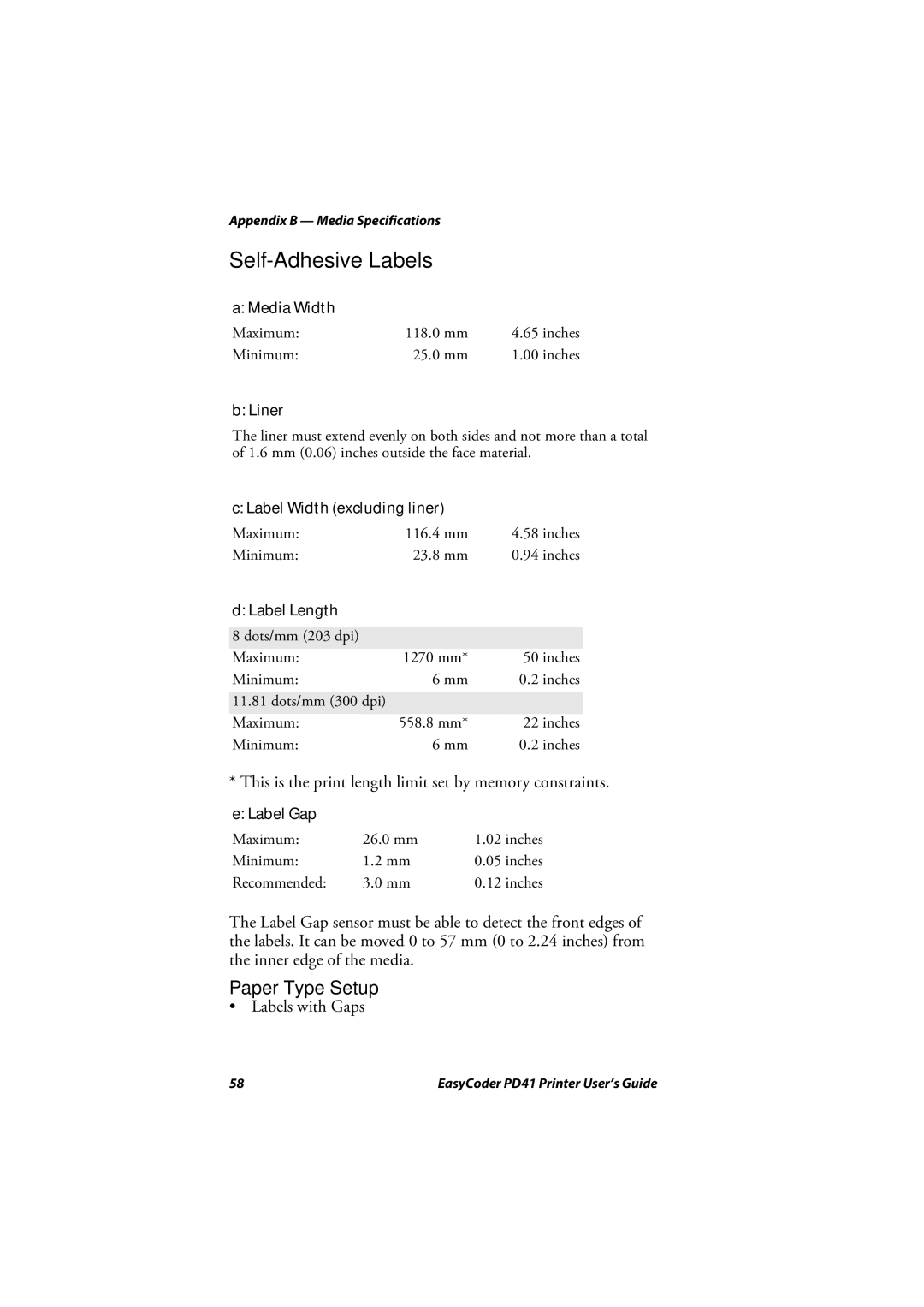 Intermec PD41 manual Self-Adhesive Labels, Label Width excluding liner, Label Length, Label Gap 