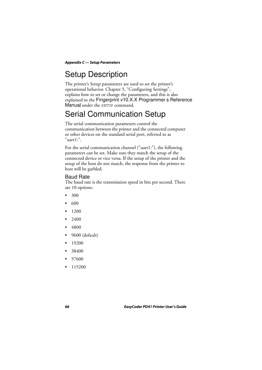 Intermec PD41 manual Setup Description, Serial Communication Setup, Baud Rate 