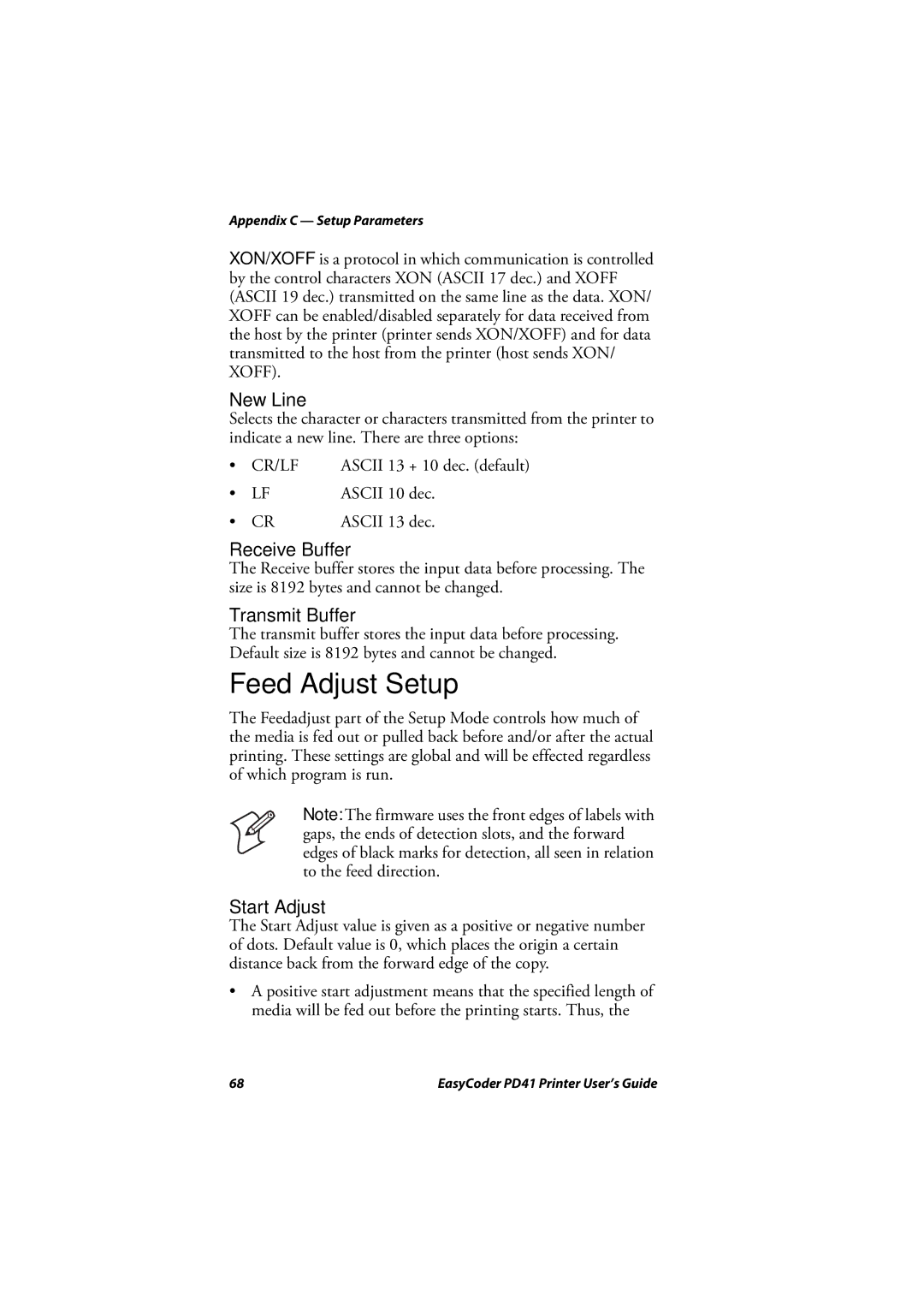 Intermec PD41 manual Feed Adjust Setup, New Line, Receive Buffer, Transmit Buffer, Start Adjust 