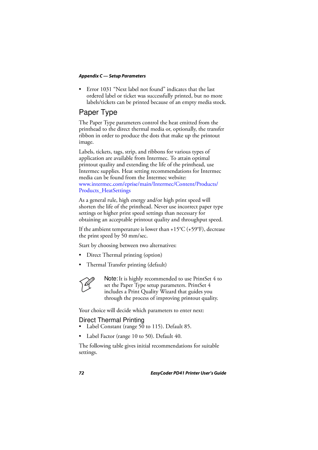 Intermec PD41 manual Paper Type, Direct Thermal Printing 