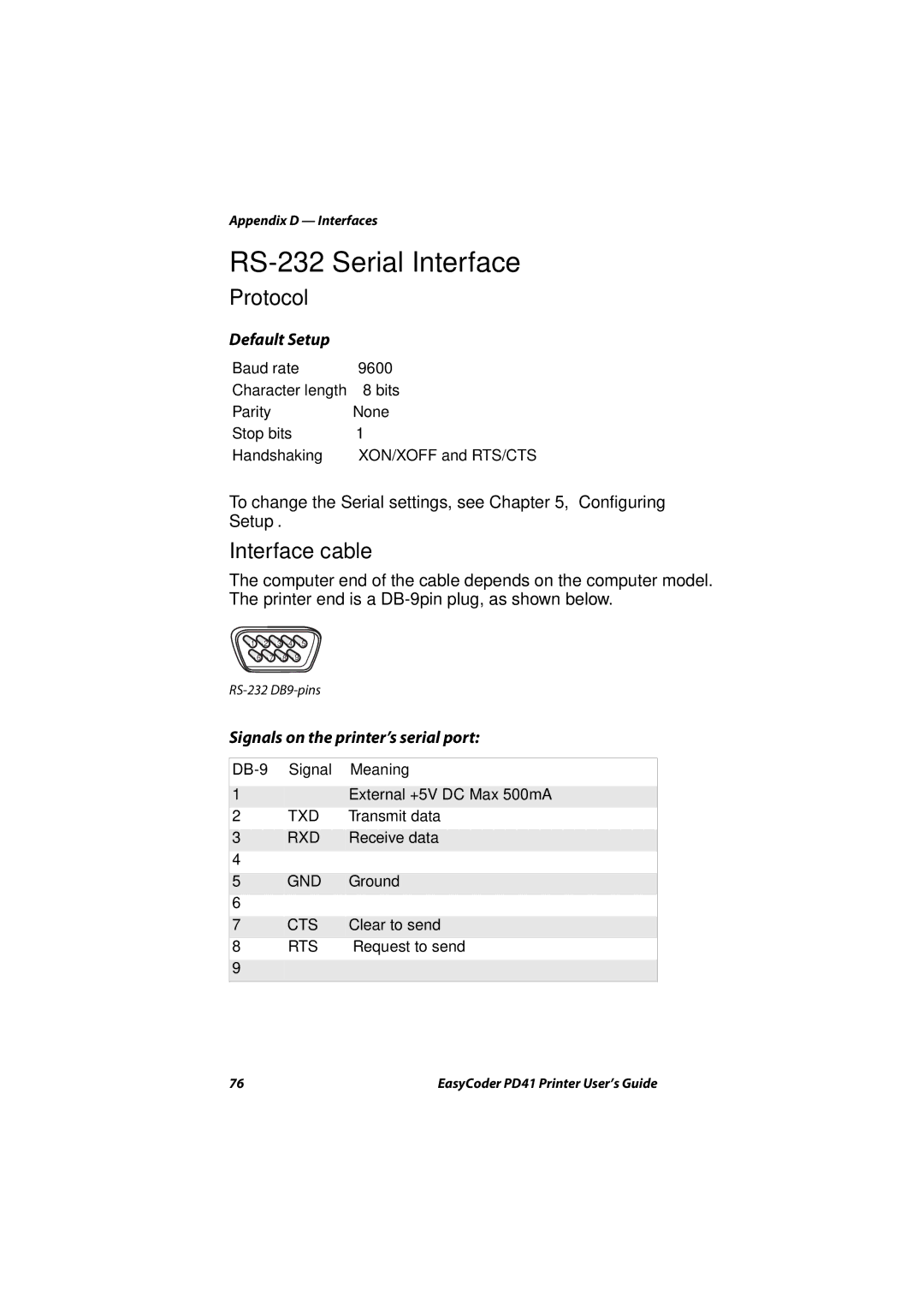 Intermec PD41 RS-232 Serial Interface, Protocol, Interface cable, Default Setup, Signals on the printer’s serial port 