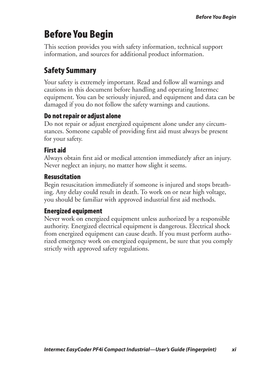 Intermec PF4I manual Before You Begin, Safety Summary 