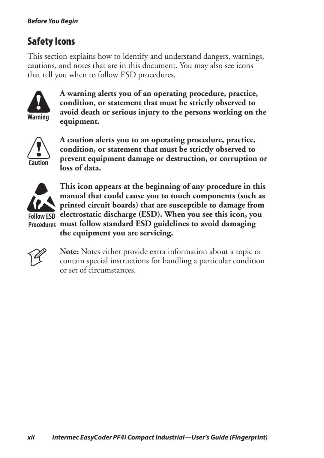 Intermec PF4I manual Safety Icons 