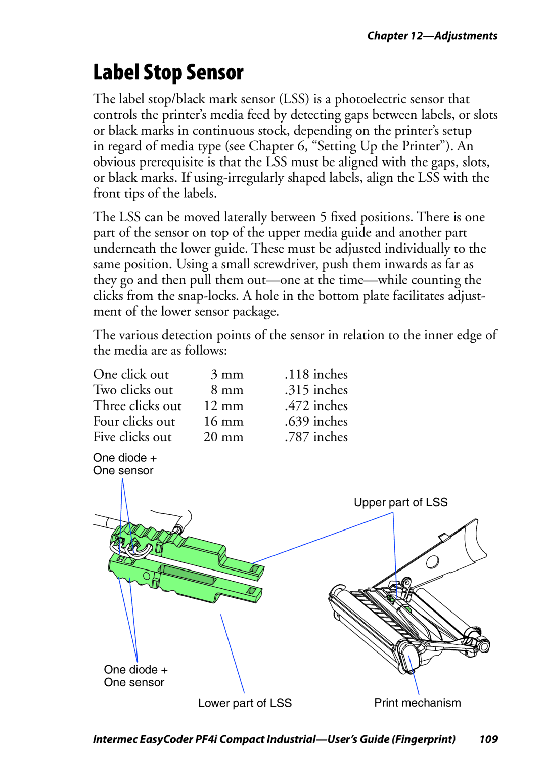 Intermec PF4I manual Label Stop Sensor, Five clicks out 20 mm 