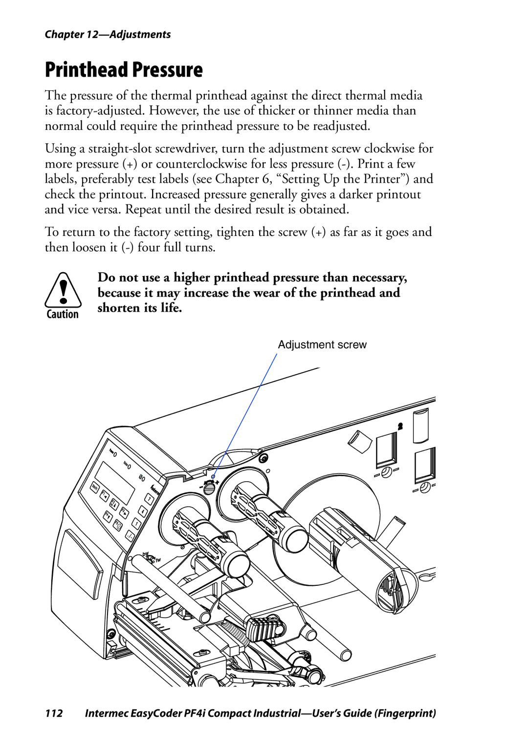 Intermec PF4I manual Printhead Pressure 