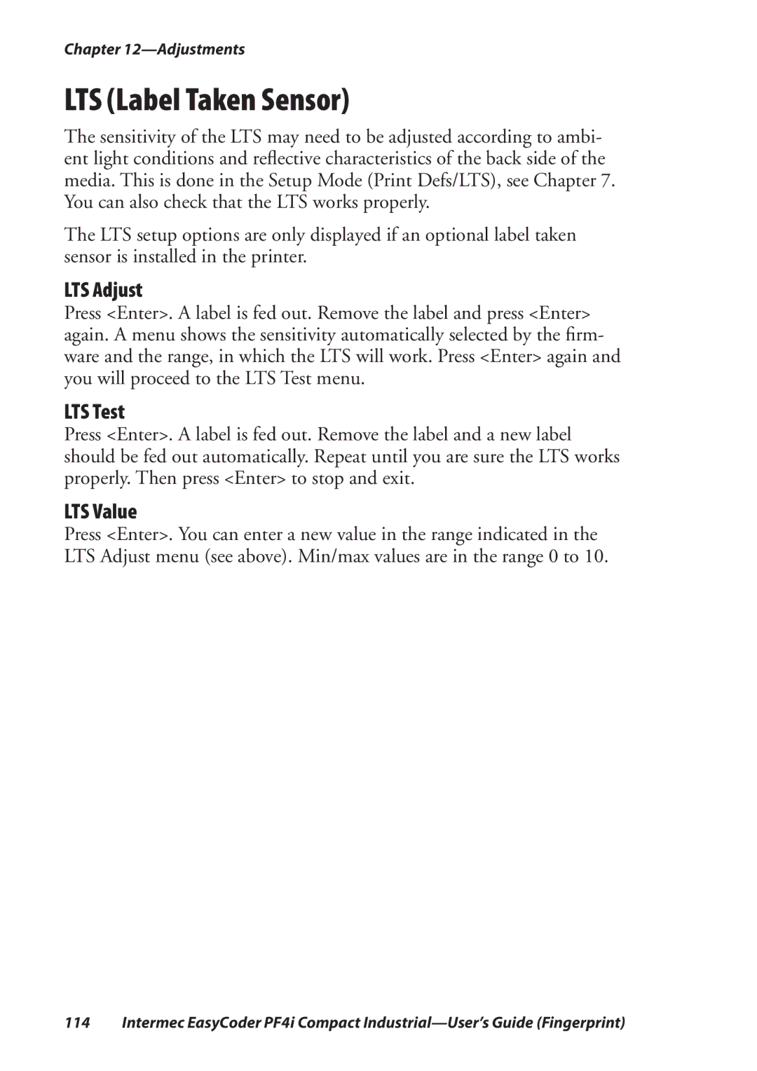 Intermec PF4I manual LTS Label Taken Sensor, LTS Adjust, LTS Test, LTS Value 