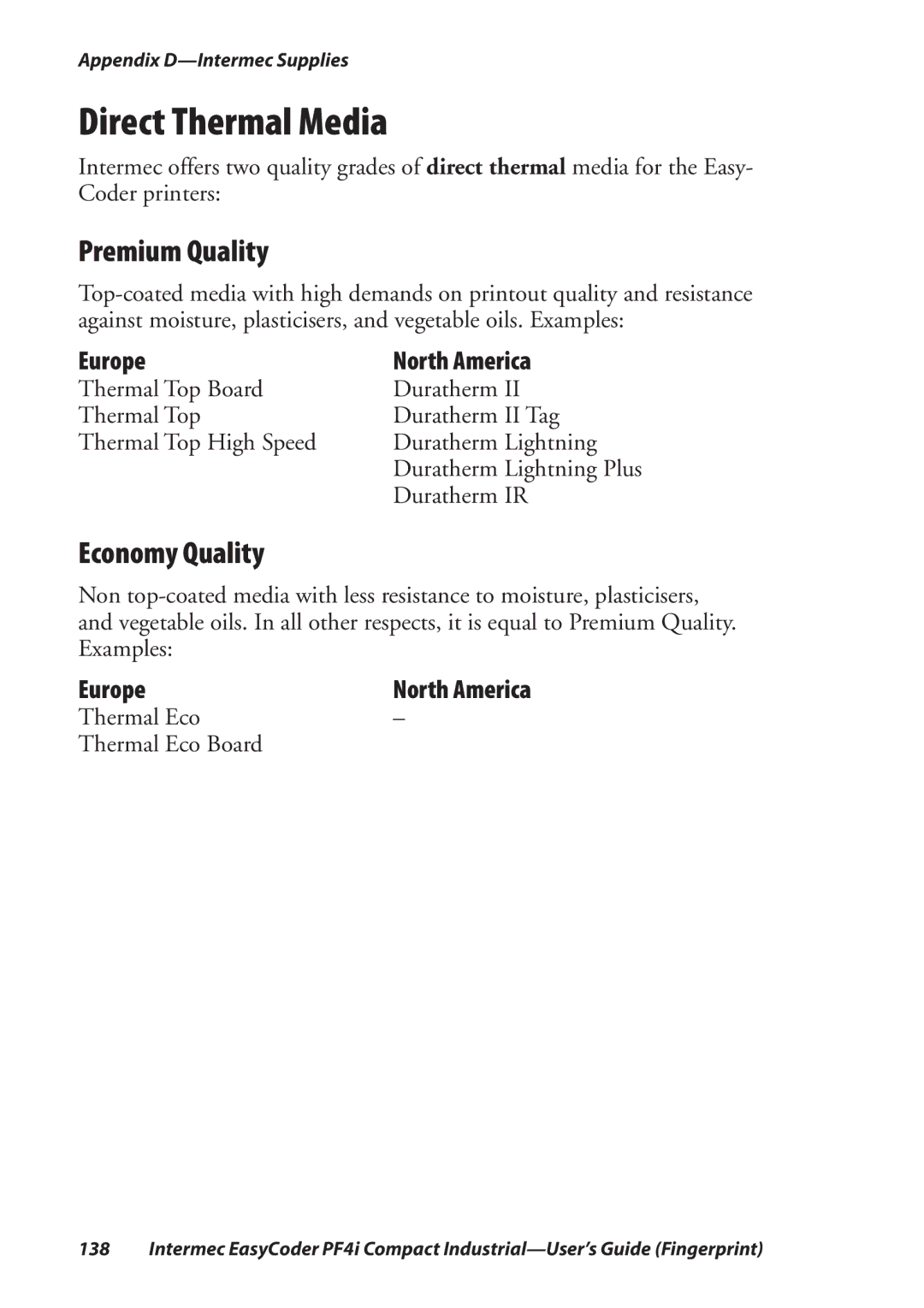 Intermec PF4I manual Direct Thermal Media, Premium Quality, Economy Quality, Europe North America 