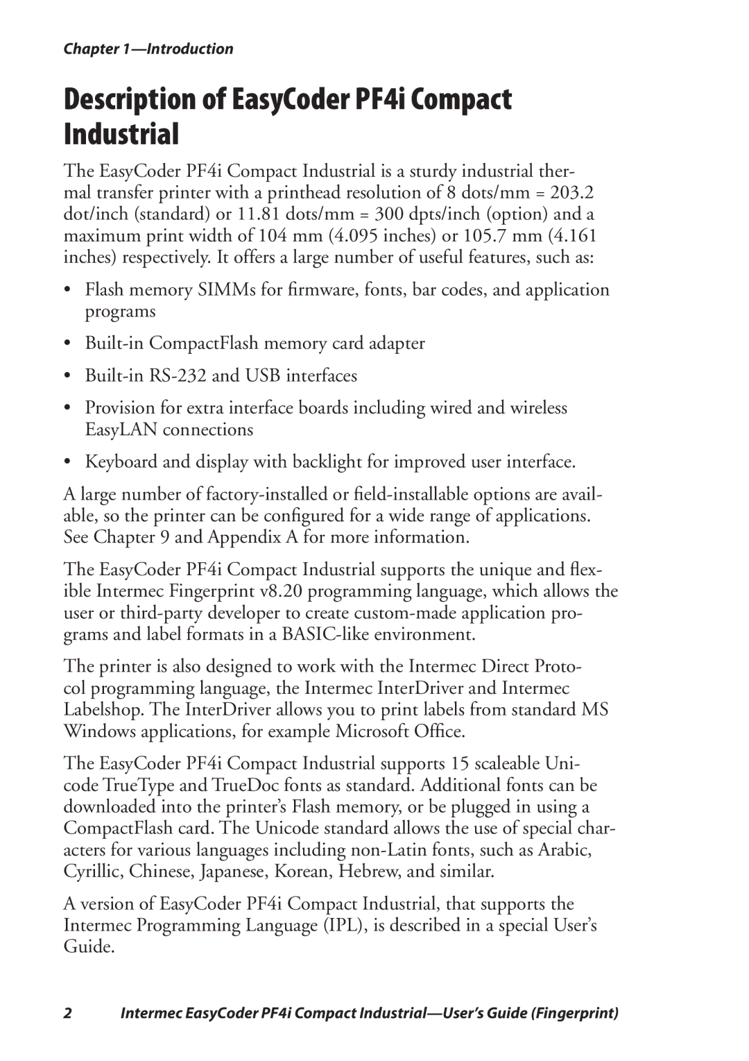 Intermec PF4I manual Description of EasyCoder PF4i Compact Industrial 