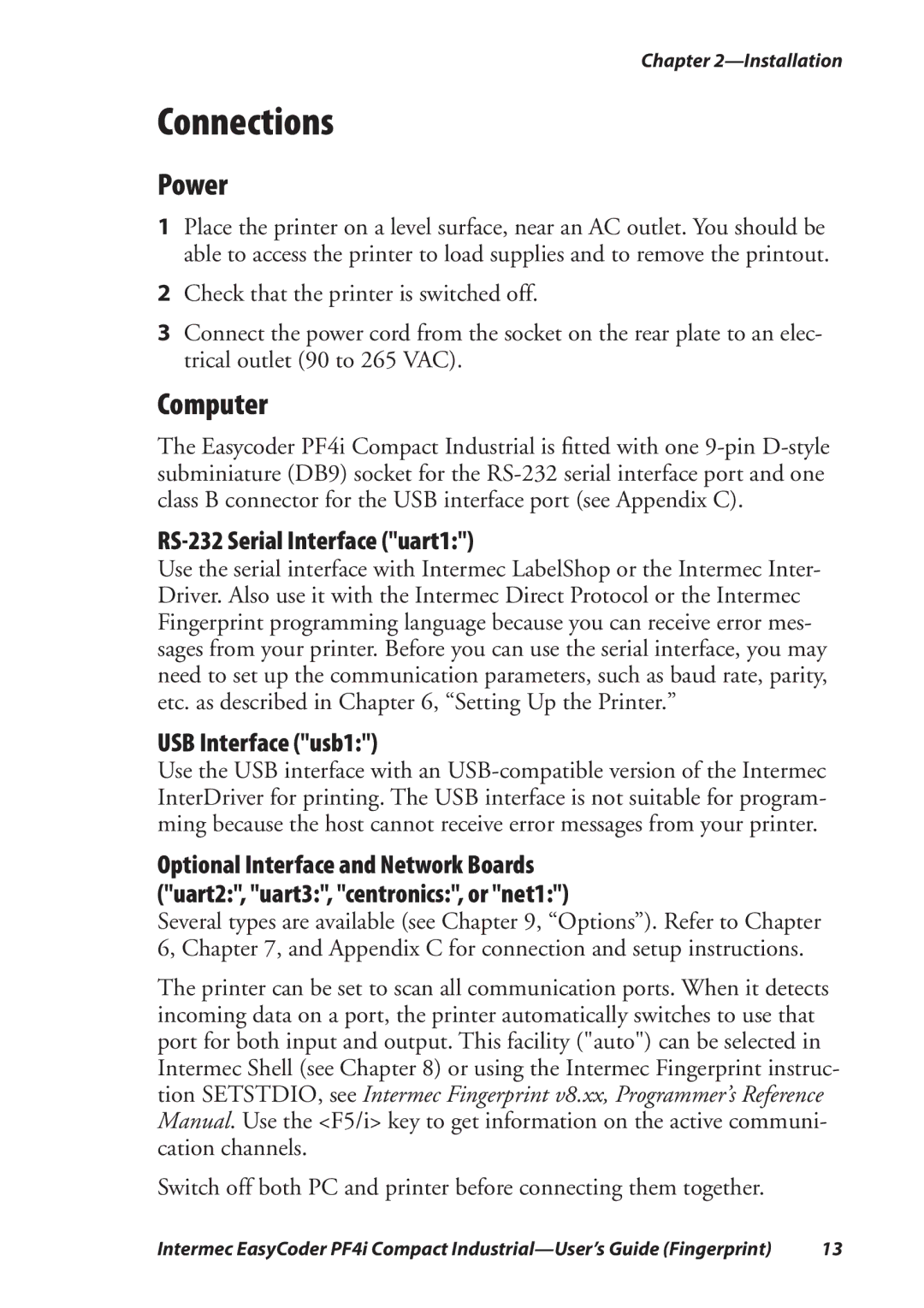 Intermec PF4I manual Connections, Power, Computer, RS-232 Serial Interface uart1, USB Interface usb1 