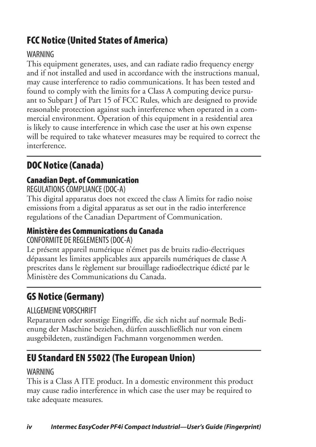 Intermec PF4I manual FCC Notice United States of America, DOC Notice Canada, GS Notice Germany 