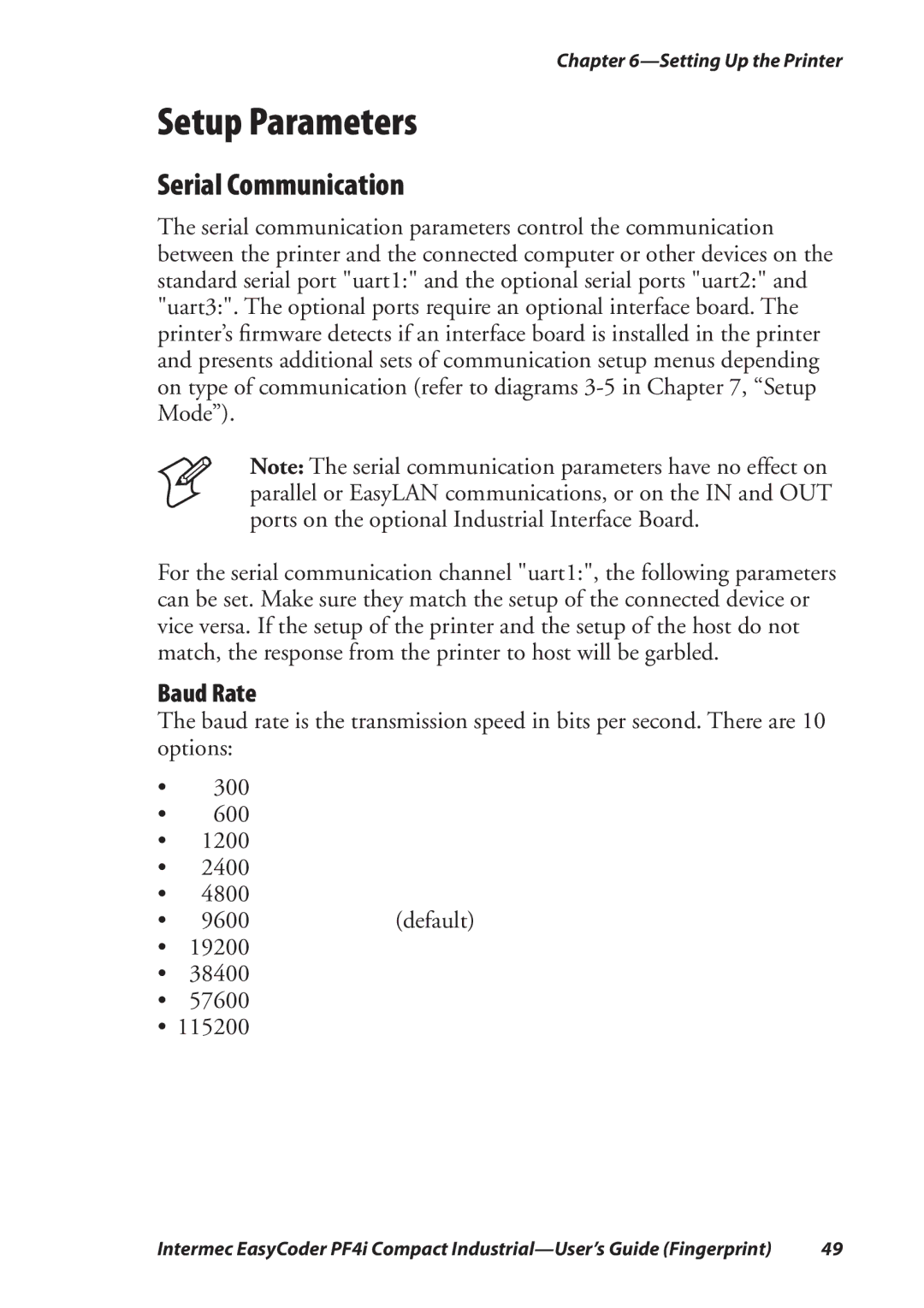 Intermec PF4I manual Setup Parameters, Serial Communication, Baud Rate 