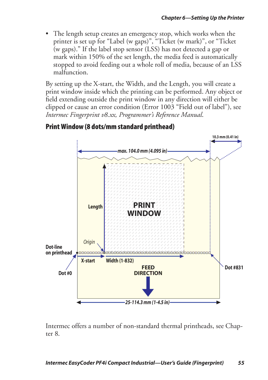 Intermec PF4I manual Print Window 8 dots/mm standard printhead 