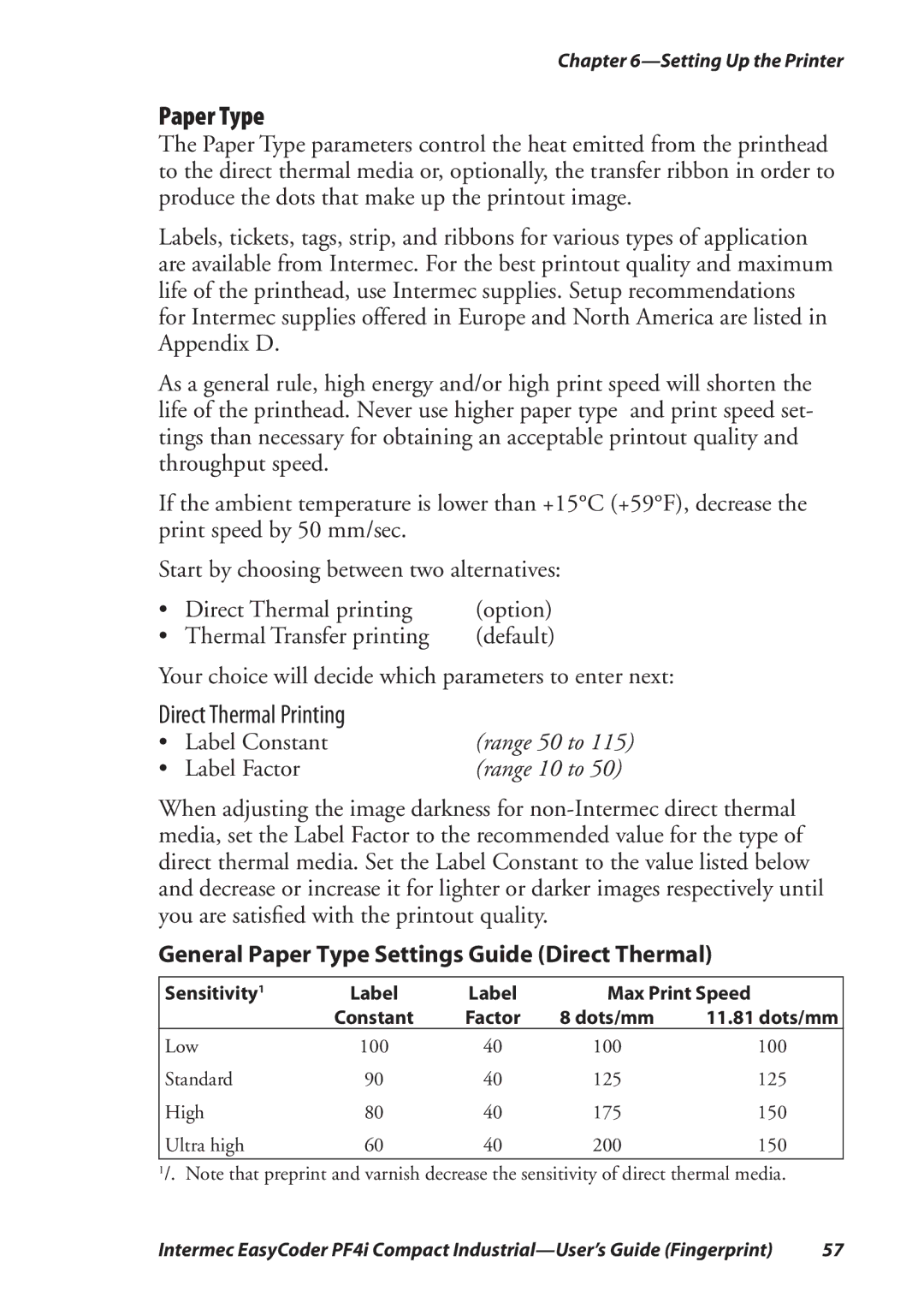 Intermec PF4I manual Paper Type, Direct Thermal Printing 