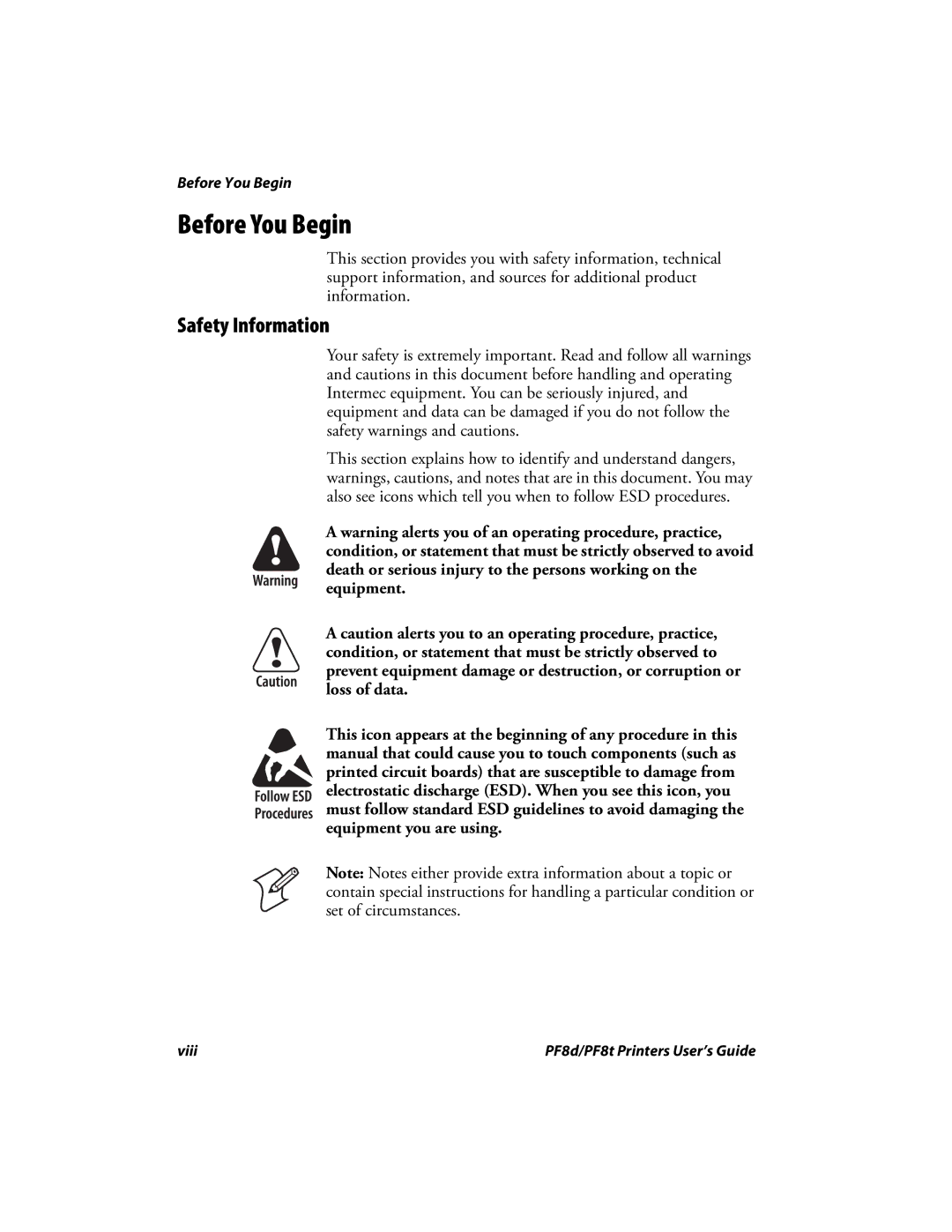 Intermec PF8D, PF8T manual Before You Begin, Safety Information 