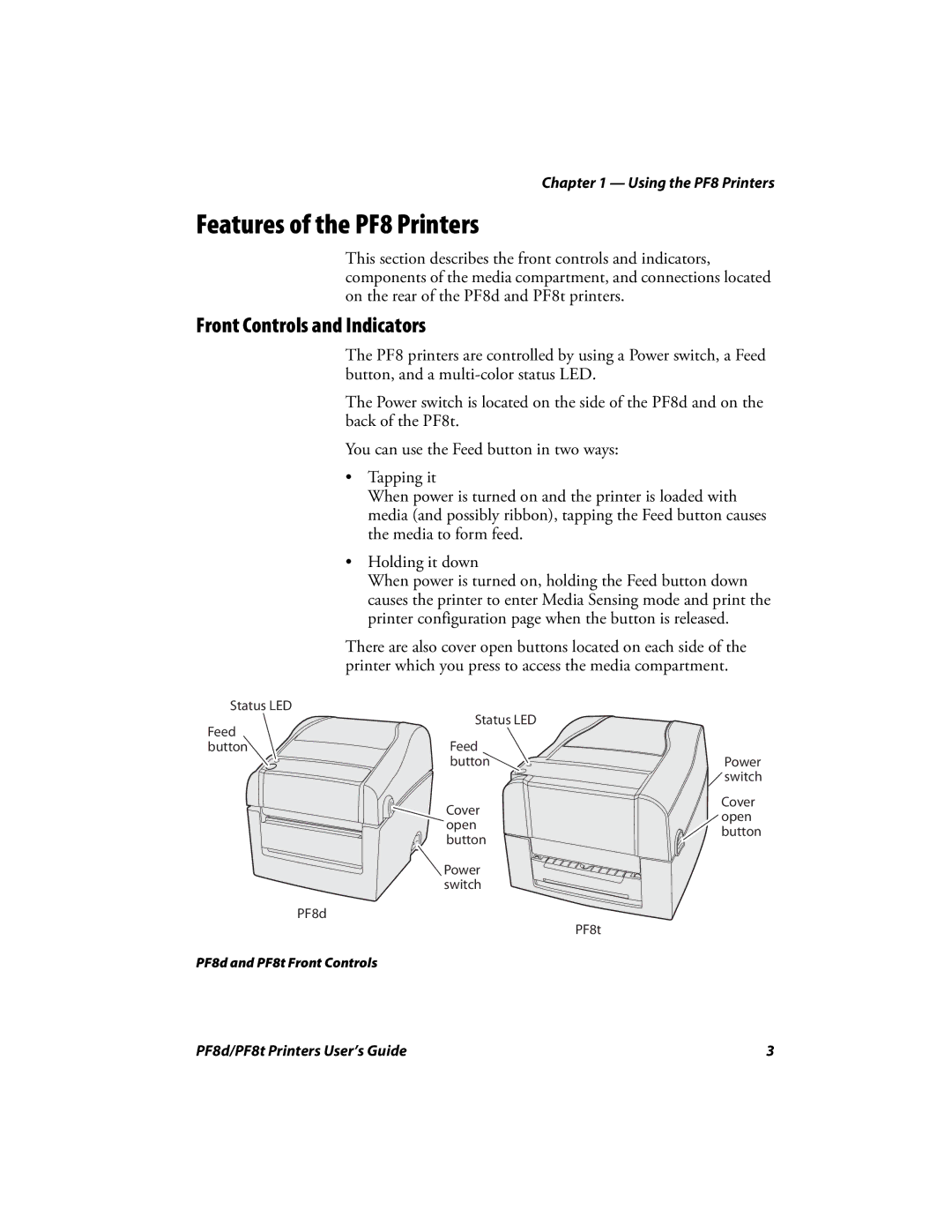 Intermec PF8T, PF8D manual Features of the PF8 Printers, Front Controls and Indicators 