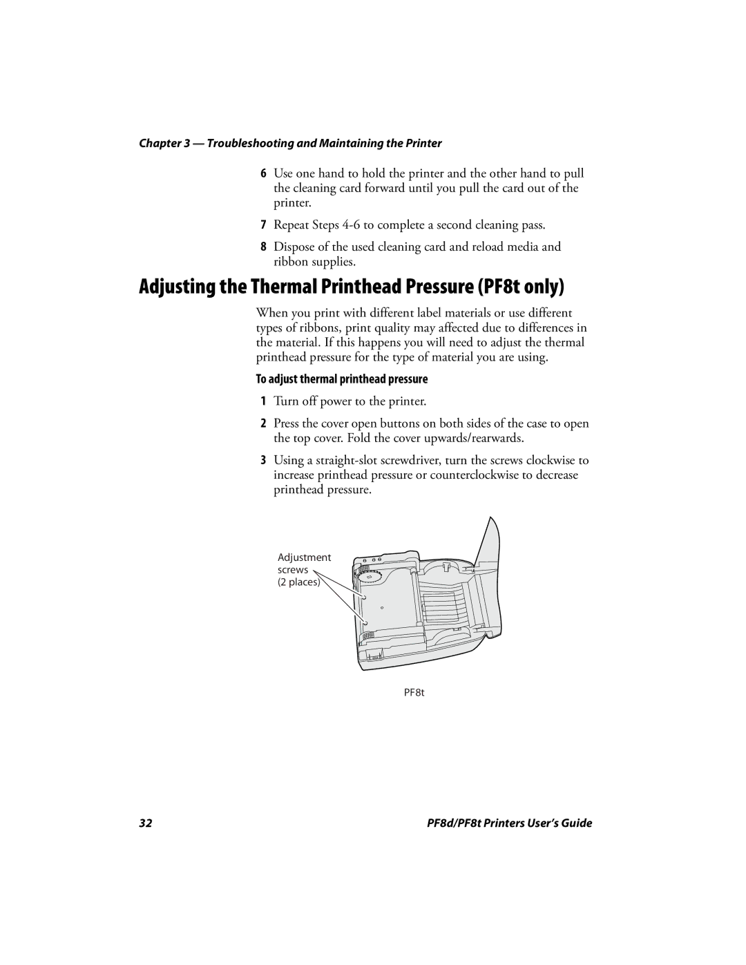 Intermec PF8D, PF8T manual Adjusting the Thermal Printhead Pressure PF8t only, To adjust thermal printhead pressure 