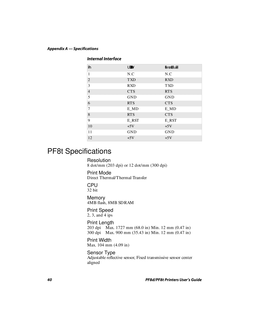 Intermec PF8D, PF8T manual PF8t Specifications, Resolution 