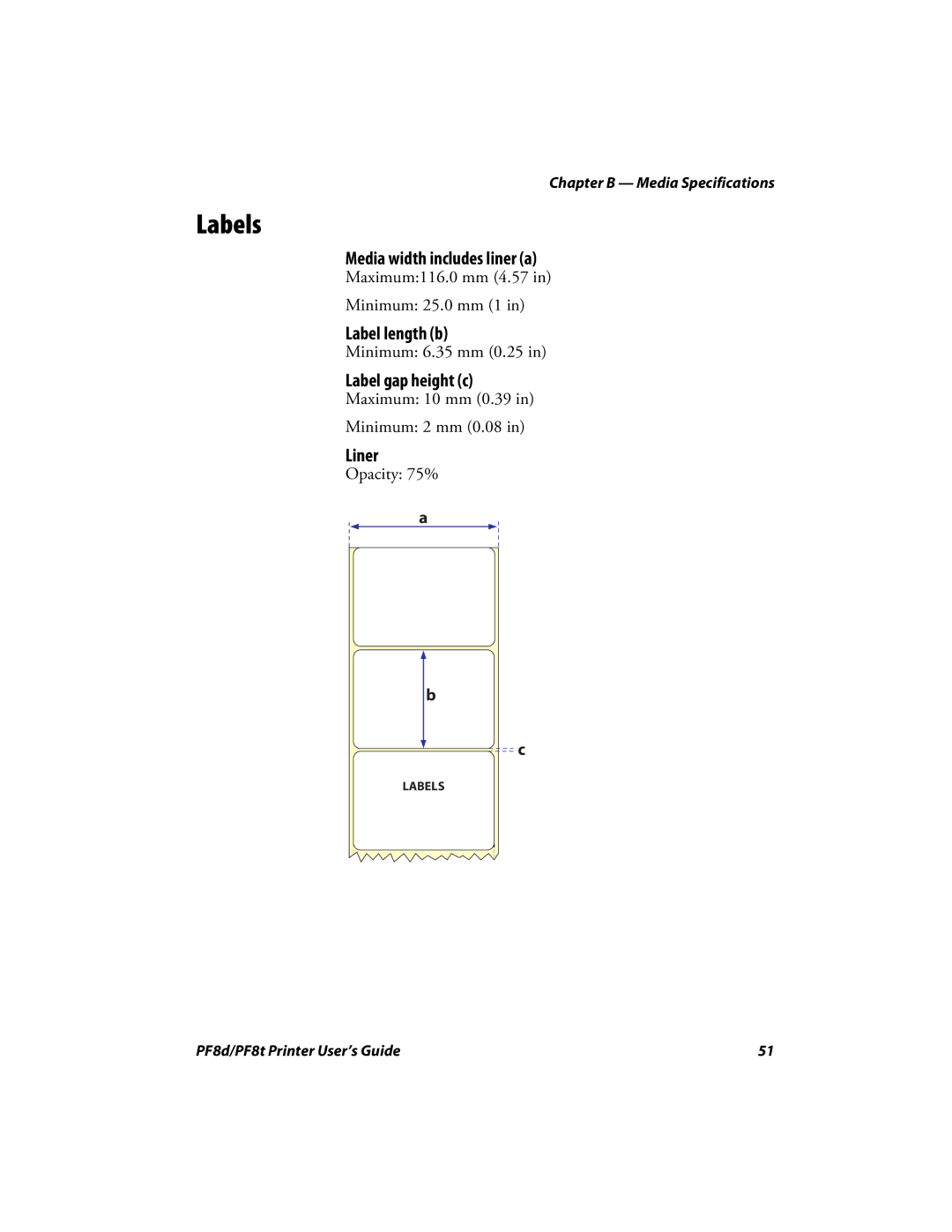 Intermec PF8T, PF8D manual Labels, Media width includes liner a, Label length b, Label gap height c, Liner 