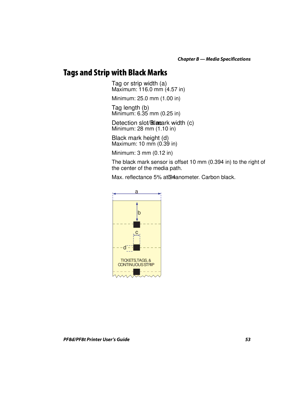 Intermec PF8T, PF8D manual Tags and Strip with Black Marks, Detection slot/Black mark width c, Black mark height d 