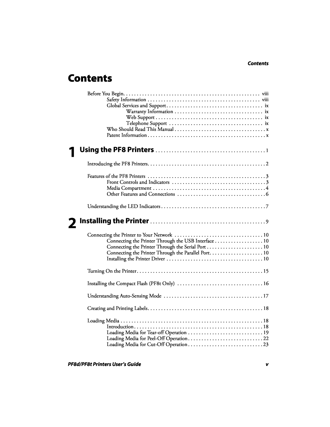 Intermec PF8T, PF8D manual Contents, PF8d/PF8t Printers User’s Guide 