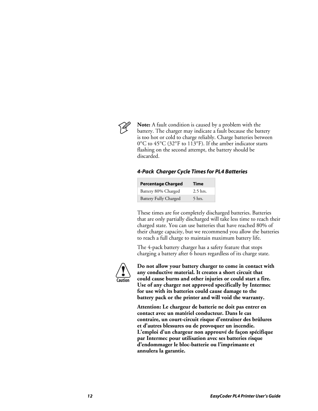 Intermec manual Pack Charger Cycle Times for PL4 Batteries, Percentage Charged Time 