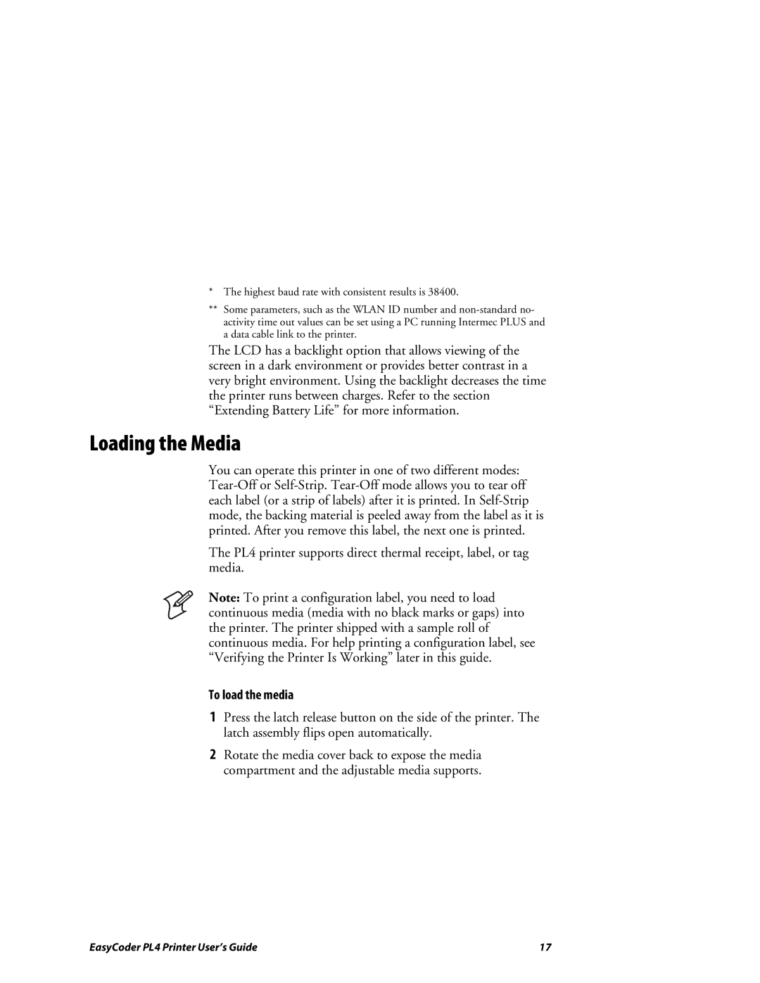 Intermec PL4 manual Loading the Media, To load the media 