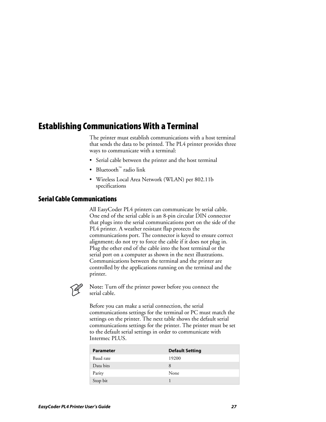 Intermec PL4 manual Establishing Communications With a Terminal, Serial Cable Communications, Parameter Default Setting 