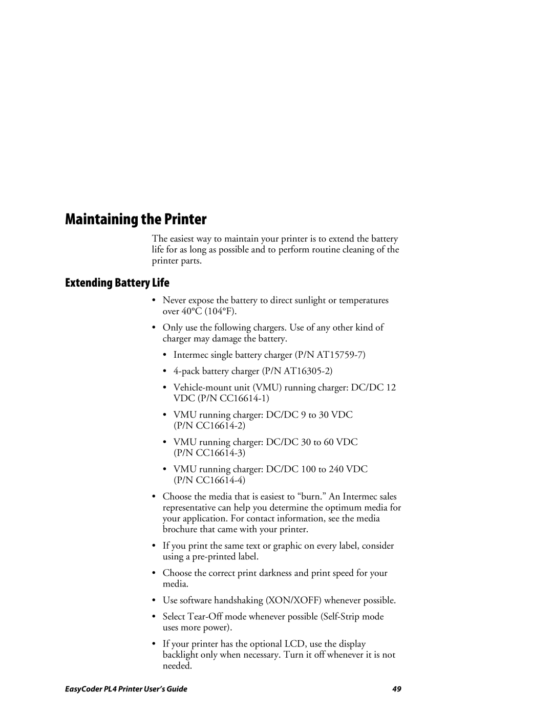 Intermec PL4 manual Maintaining the Printer, Extending Battery Life 