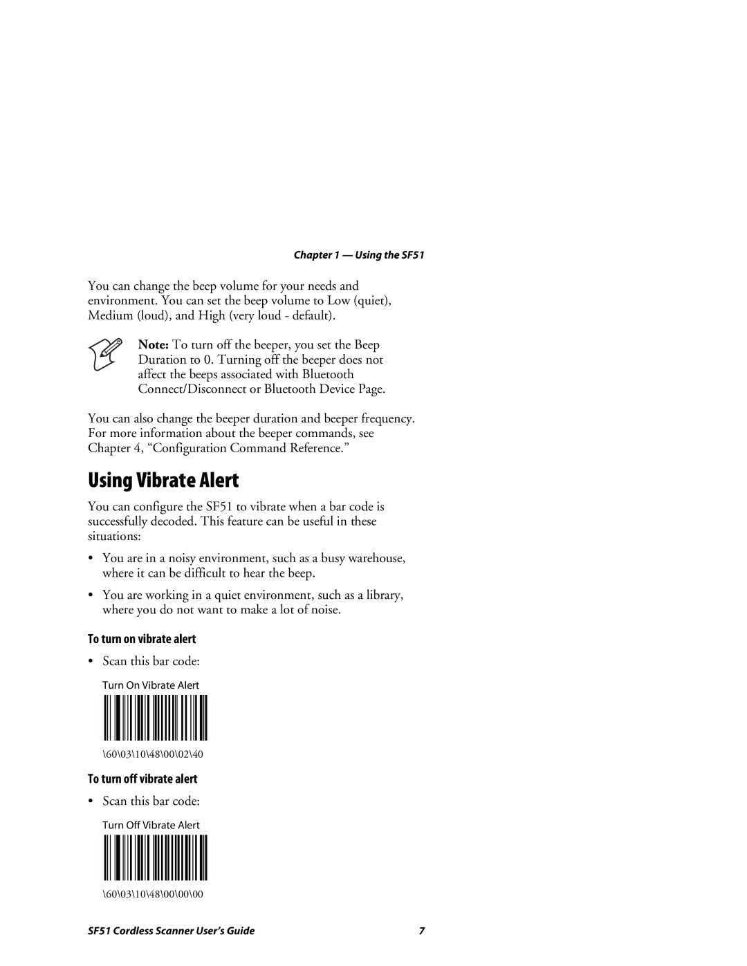 Intermec SF51 manual Using Vibrate Alert, To turn on vibrate alert, To turn off vibrate alert 